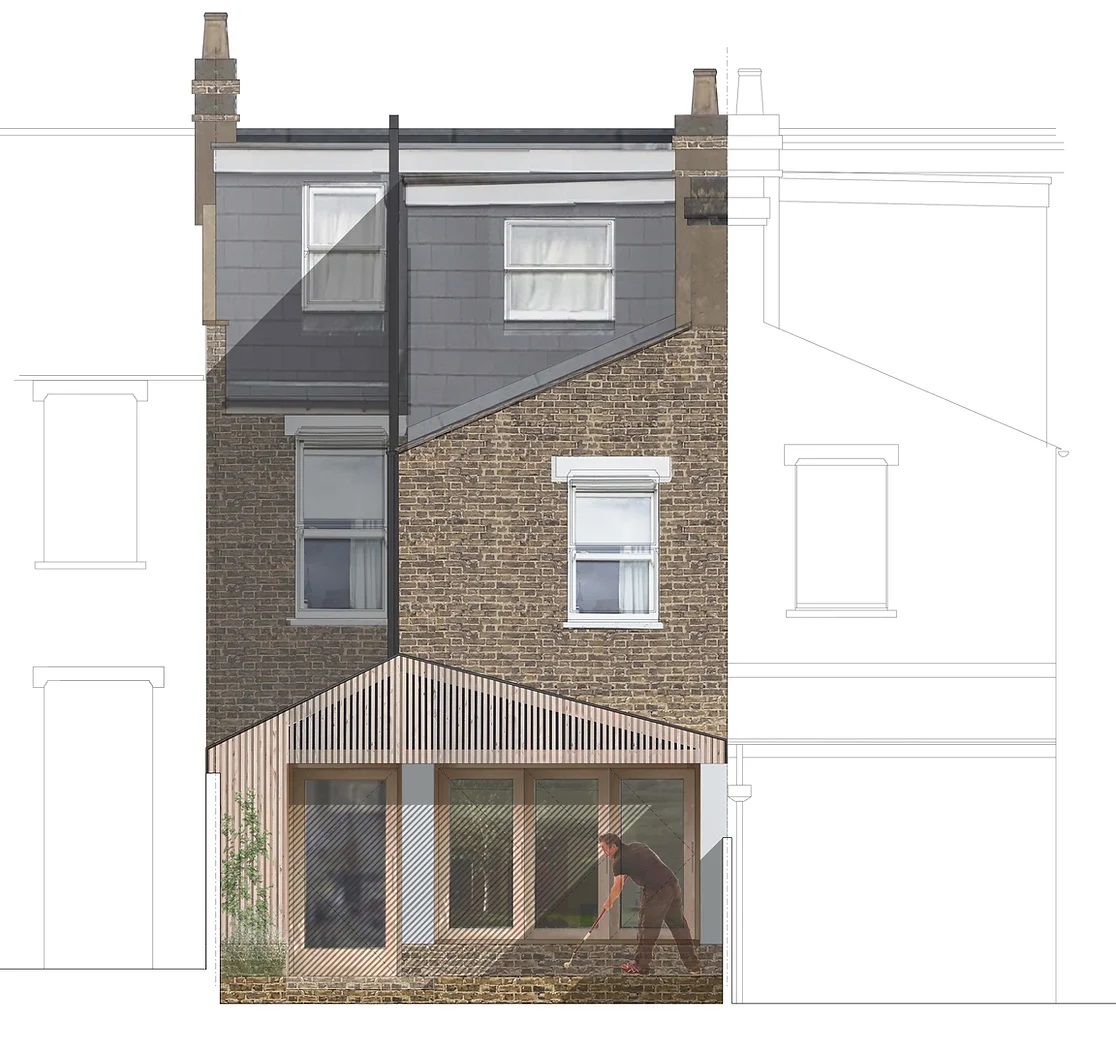 Nunhead: Rear extension with exposed timber canopy, with Tom Wilson Studio